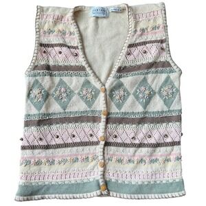 VTG Jantzen Classics Floral Embroidered Knit Sweater Vest Pastel Cottagecore L